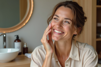 Femme appliquant de l'huile antiâge sur son visage