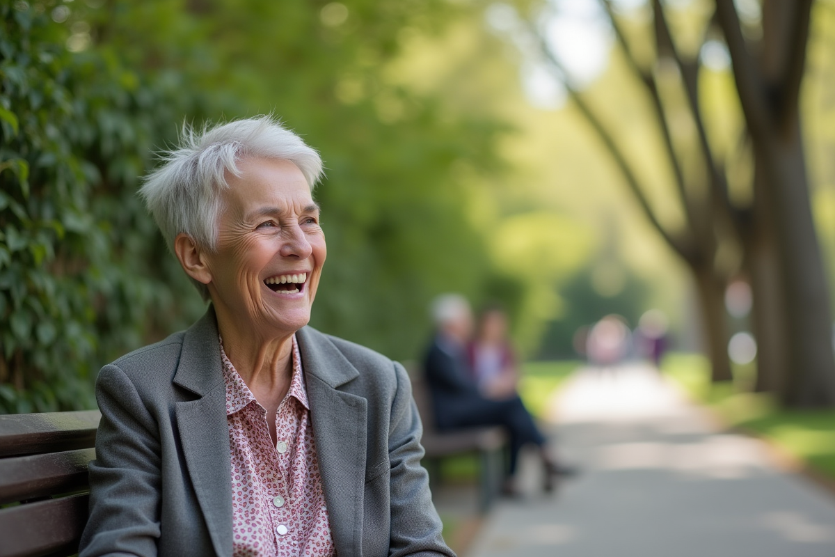Femme souriante de 60 ans discutant dans un parc au printemps