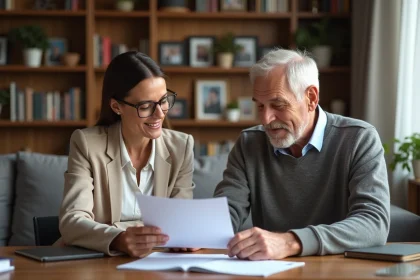 Femme souriante en réunion avec un homme dans un salon chaleureux
