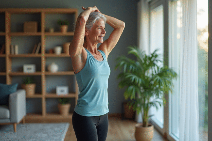 Femme active de 60 ans faisant des étirements dans un salon
