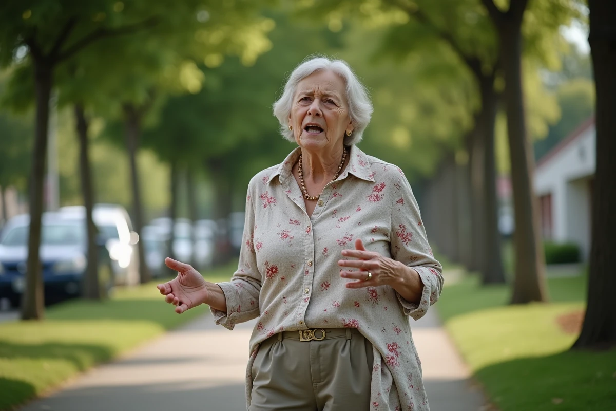 Femme âgée parlant sur le trottoir avec arbres