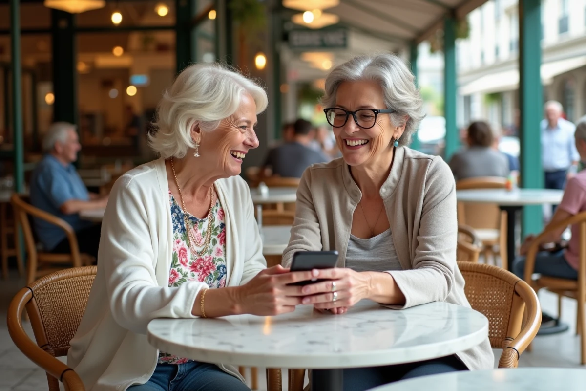 Deux femmes seniors discutant de l'inscription gratuite sur un site de rencontres dans un café