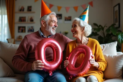 Homme et femme souriants avec ballons 60 ans en intérieur