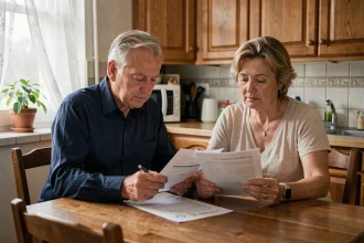 Gendarme retraité et son épouse consultant des documents de réversion et capital décès à la table familiale