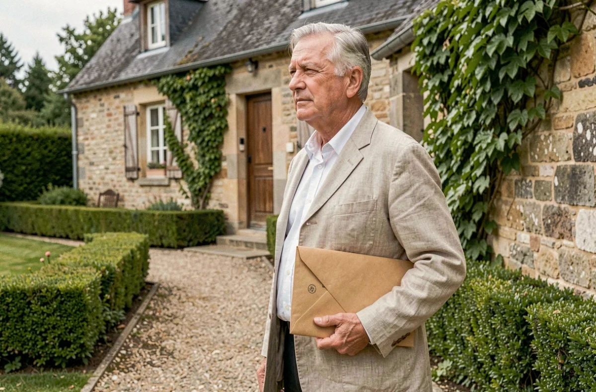 Gendarme retraité dans son jardin tenant ses documents de protection familiale après 30 ans de carrière
