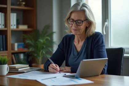 Femme adulte gérant des documents administratifs de tutelle sur tablette dans un bureau à domicile organisé