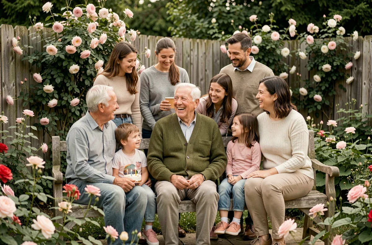 Grand-père de 70 ans entouré de sa famille dans un jardin fleuri lors d'une fête d'anniversaire conviviale
