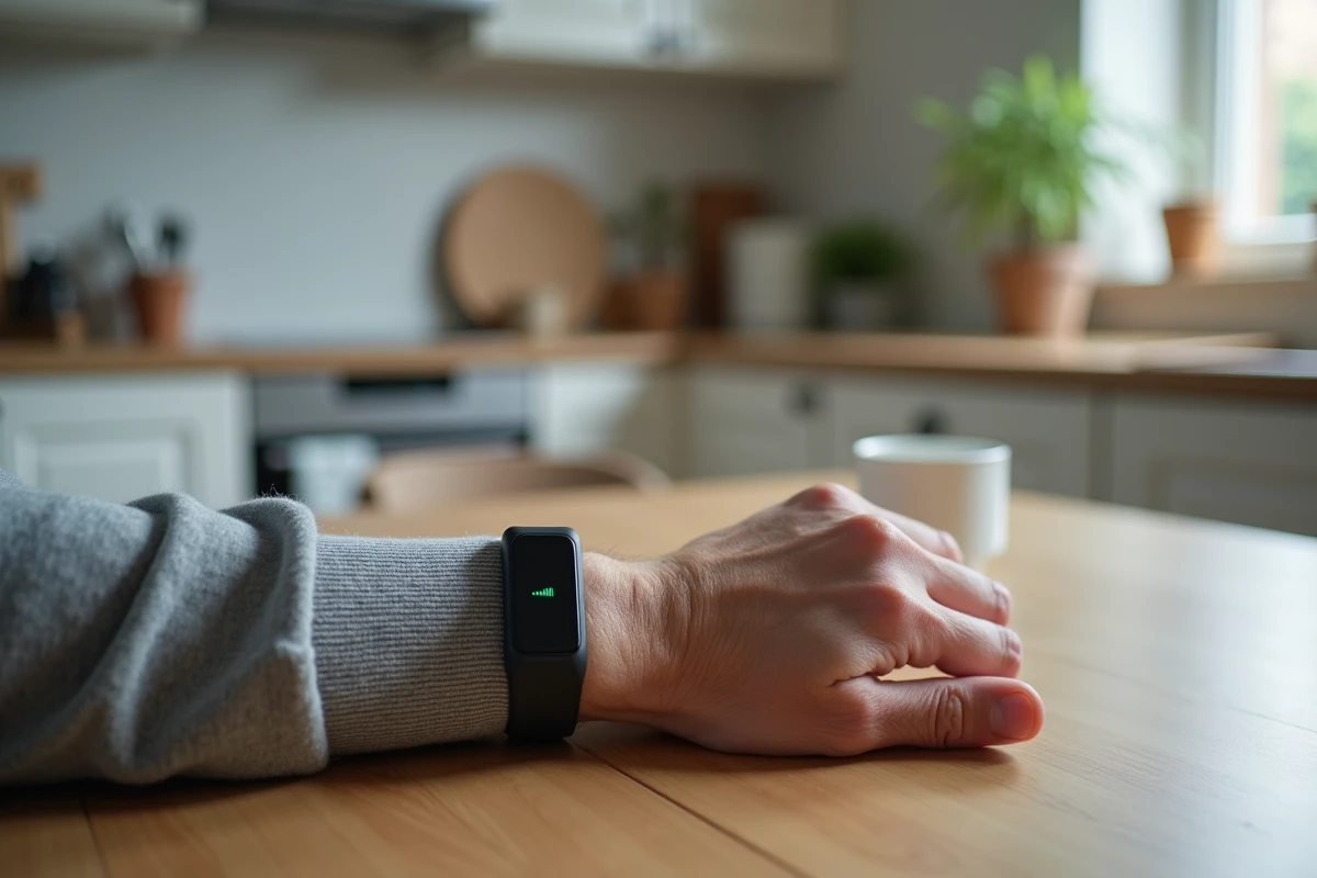 Gros plan d'un bracelet GPS Alzheimer porté par une main d'homme âgé sur une table de cuisine en bois