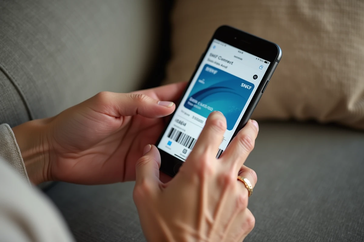 Gros plan sur les mains d'une personne senior tenant un smartphone affichant la carte Senior SNCF dématérialisée sur l'application SNCF Connect