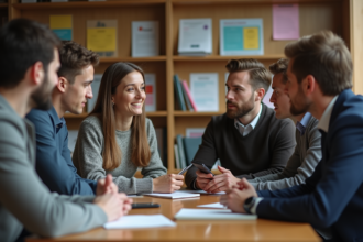 Groupe d adultes discutant autour d'une table de bibliothèque