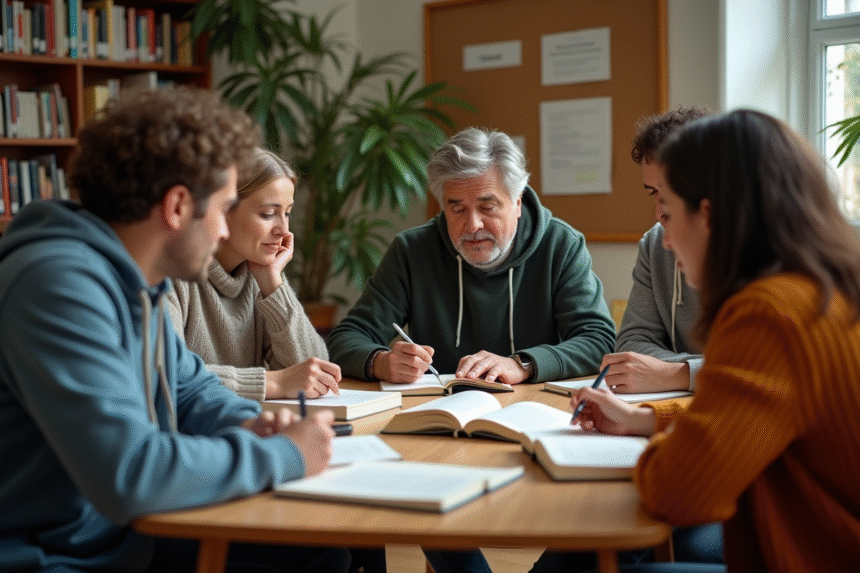 Groupe d adultes en atelier lecture dans une bibliothèque
