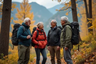Groupe de seniors en randonnée dans la forêt automnale
