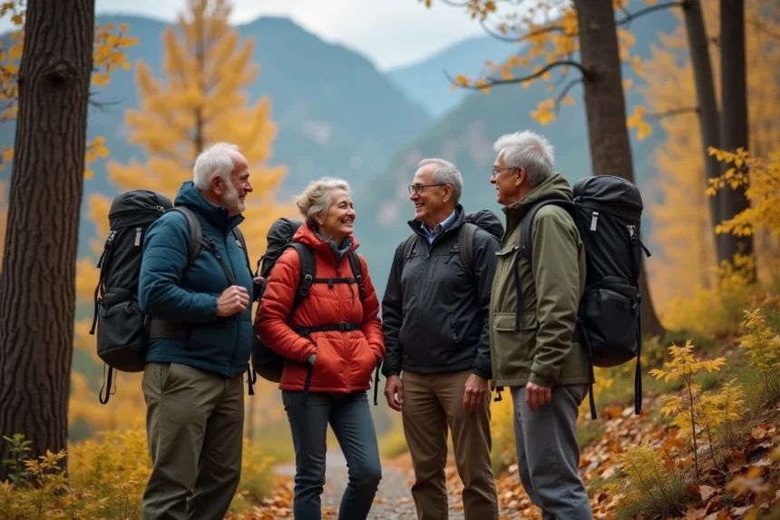 Groupe de seniors en randonnée dans la forêt automnale