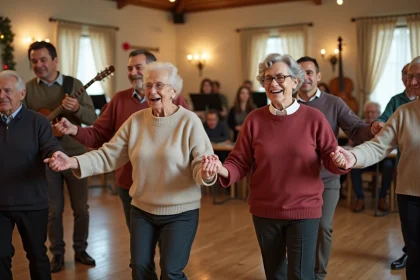 Groupe intergénérationnel qui danse dans une salle chaleureuse