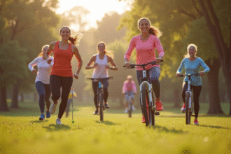 Groupe de personnes faisant du sport en plein air dans un parc ensoleille