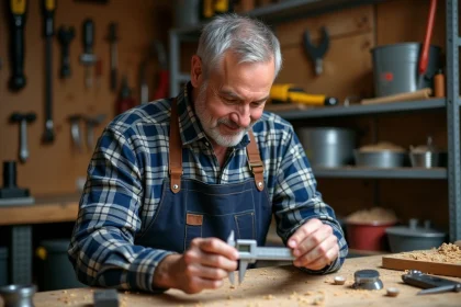 Homme de 60 ans bricoleur examinant un pied à coulisse numérique dans un atelier bien rangé avec outils au mur