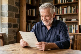Homme de 70 ans souriant en lisant une carte d'anniversaire manuscrite dans une salle à manger chaleureuse avec des murs en pierre