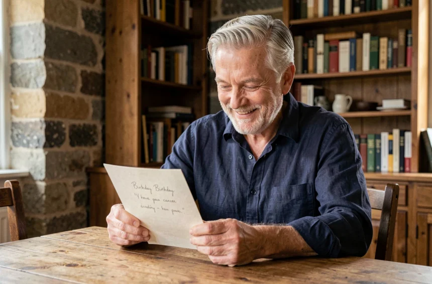 Homme de 70 ans souriant en lisant une carte d'anniversaire manuscrite dans une salle à manger chaleureuse avec des murs en pierre