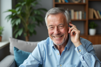 Homme âgé souriant ajustant son appareil auditif