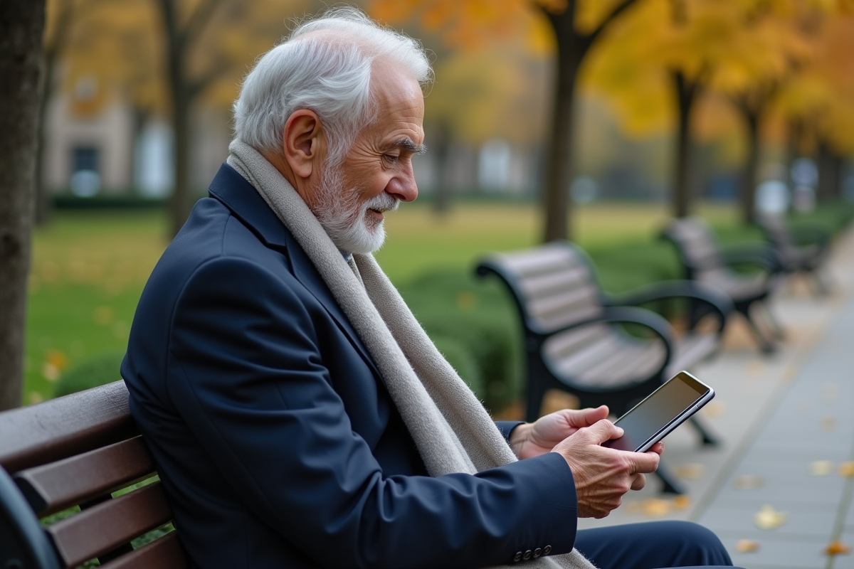 Homme âgé utilise une tablette dans un parc en automne