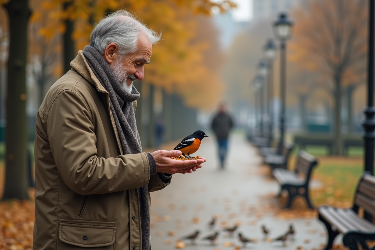 Homme de 65 ans nourrissant des oiseaux dans un parc en automne