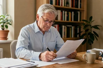 Homme de 58 ans relisant un modèle de lettre pour sa retraite progressive à son bureau à domicile