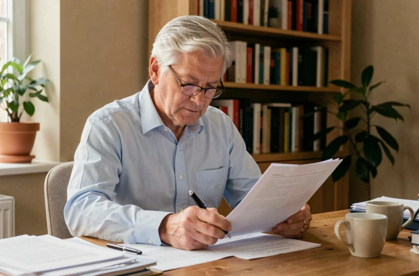 Homme de 58 ans relisant un modèle de lettre pour sa retraite progressive à son bureau à domicile