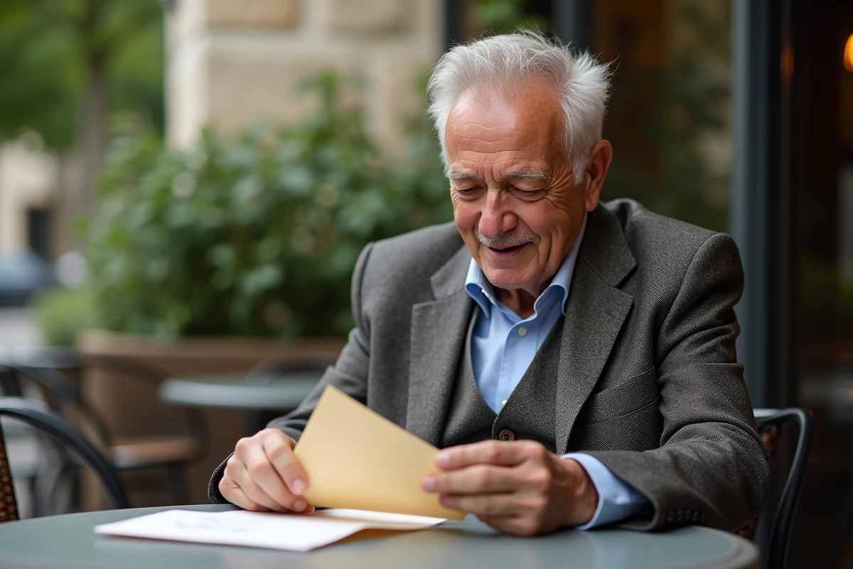 Homme d agee ouvrant une carte dans un cafe