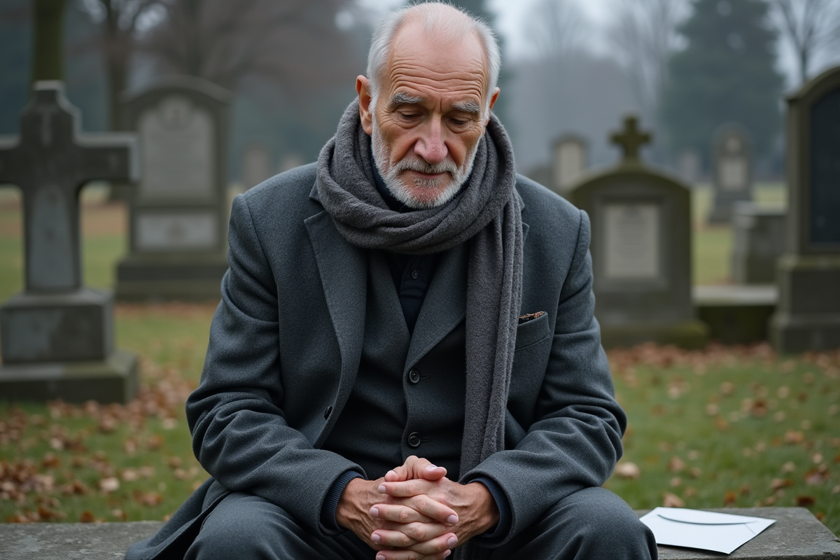 Homme âgé assis sur un banc dans un cimetière