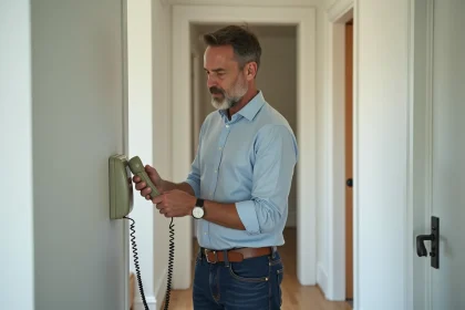 Homme branchant un téléphone fixe dans un couloir moderne