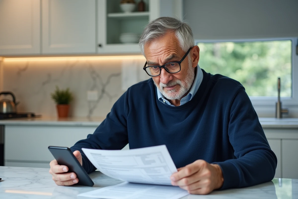 Homme retraité consultant les documents de retraite entreprise et le site maretraite sur smartphone à la maison