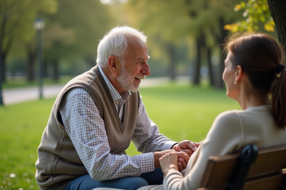 Homme âgé en discussion avec sa fille dans un parc verdoyant