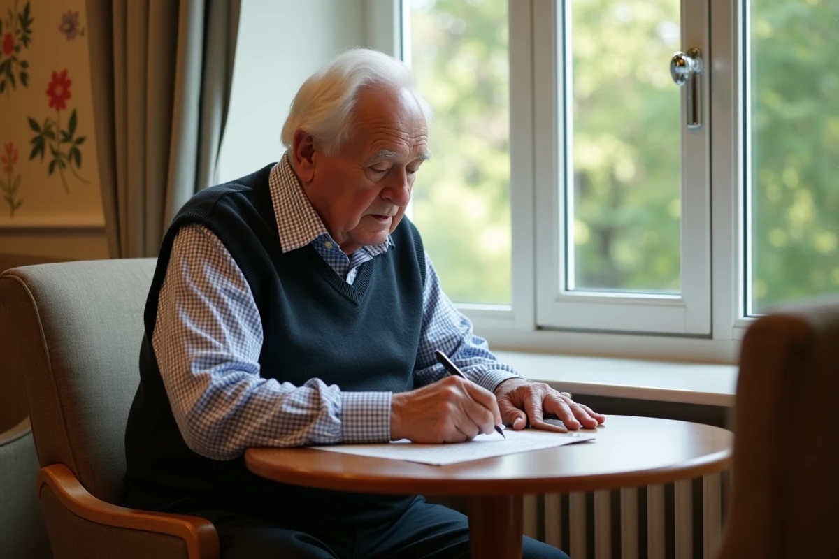 Homme âgé concentré sur un mot croisé dans un salon