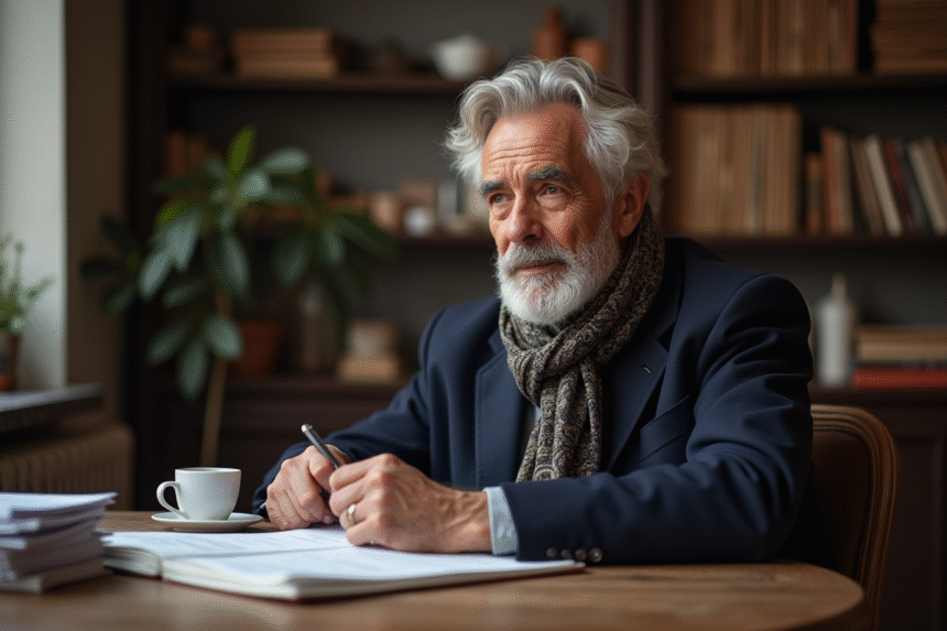 Homme francais aux cheveux gris assis à une table de cuisine