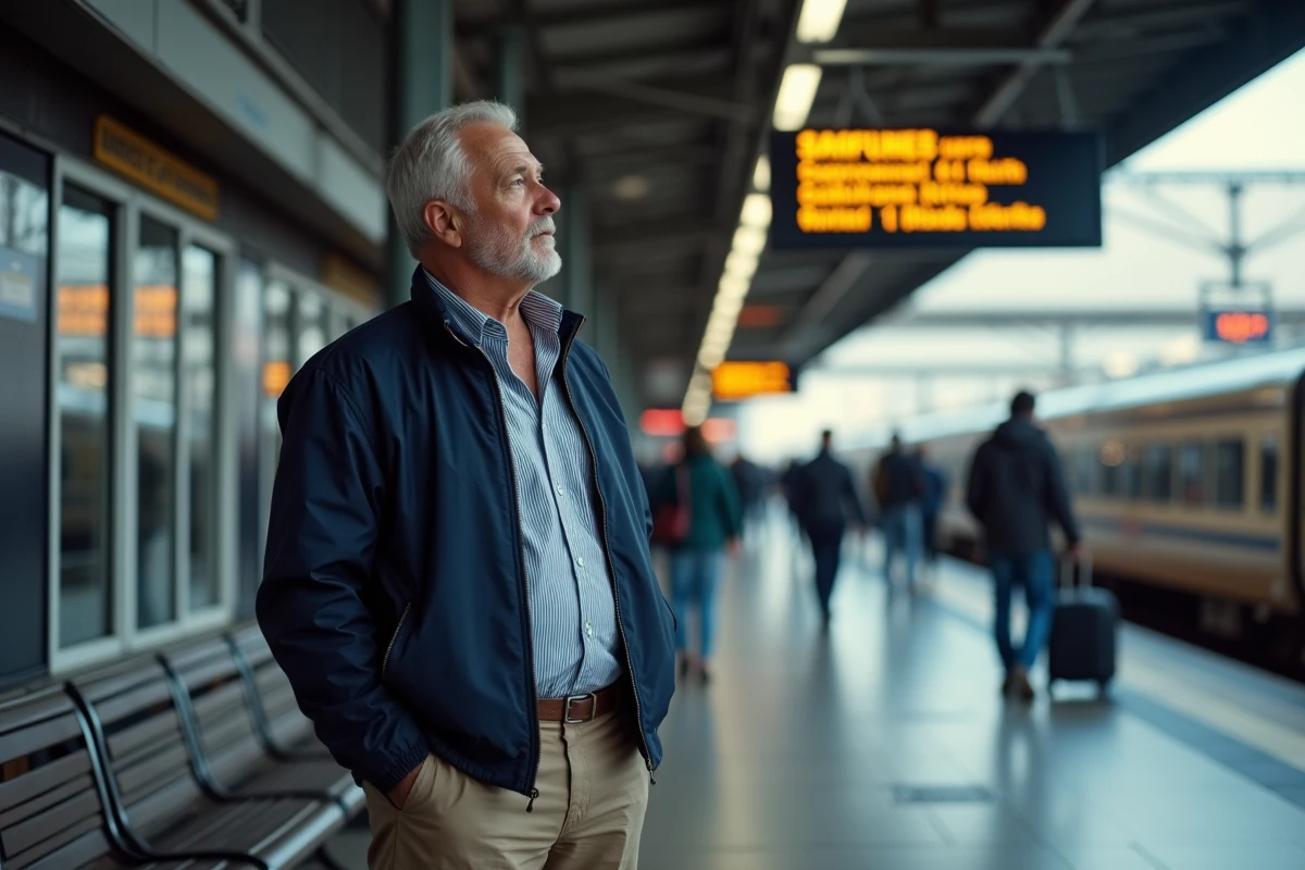 Homme attendant sur une plateforme de train en voyage