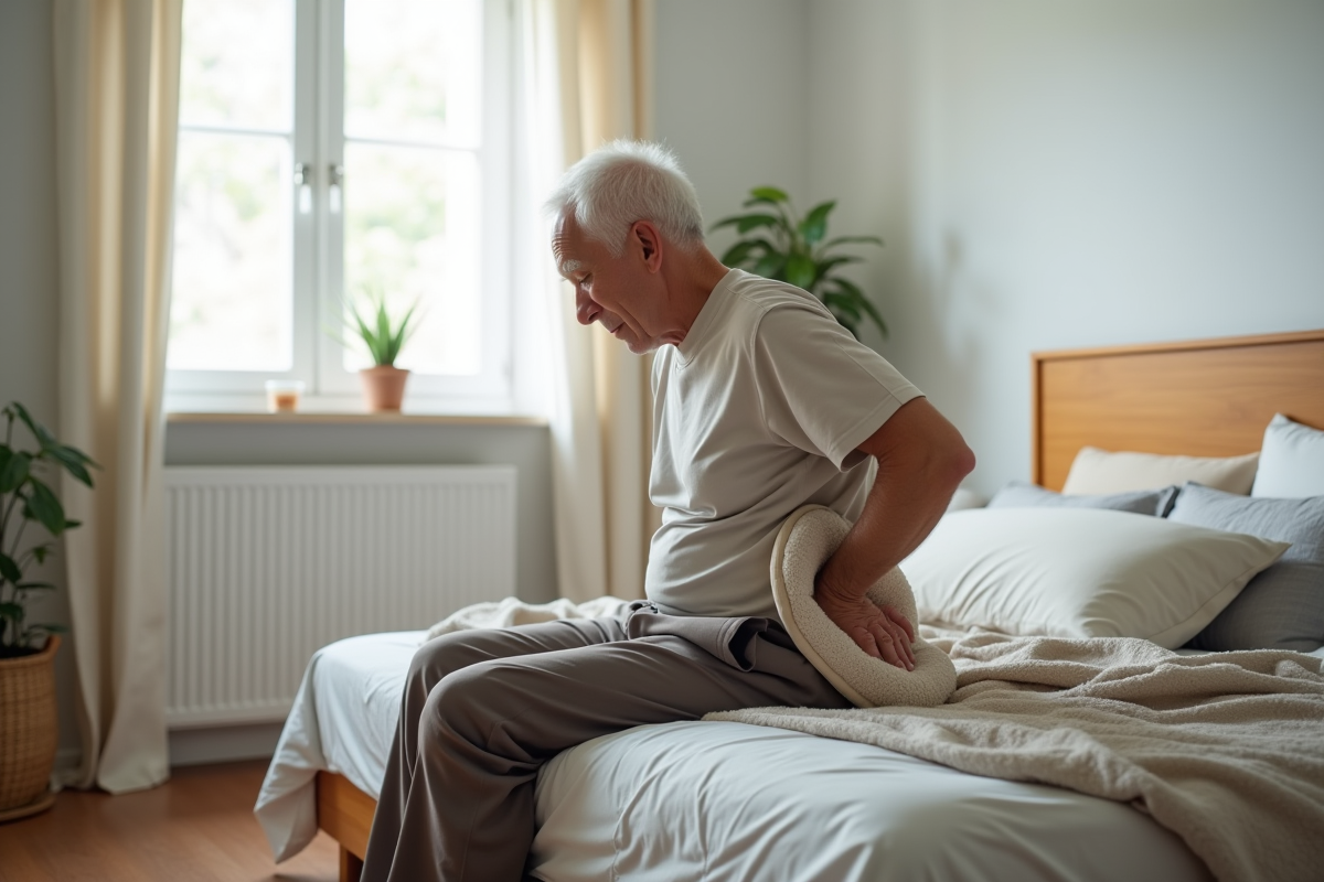 Homme âgé posant un coussin chauffant sur le dos dans la chambre