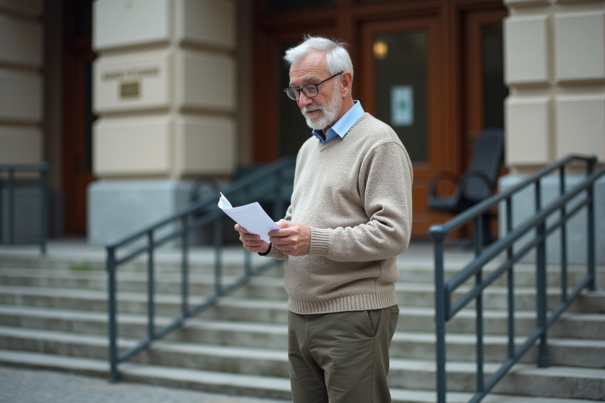 Homme retraité lisant une lettre devant un bâtiment administratif