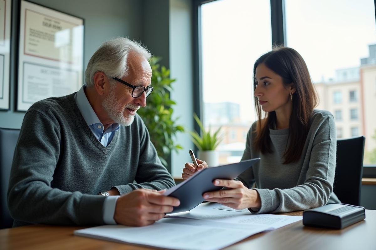 Homme âgé consultant un notaire dans un bureau moderne