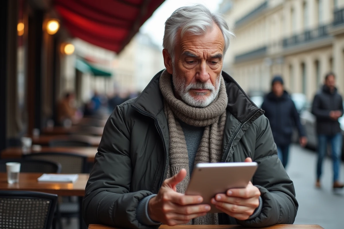 Homme français âgé regardant une calculatrice de pension sur une tablette