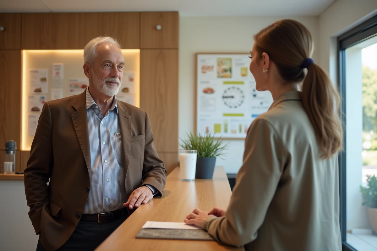 Homme d age moyen parlant avec une reception dans une maison de soin