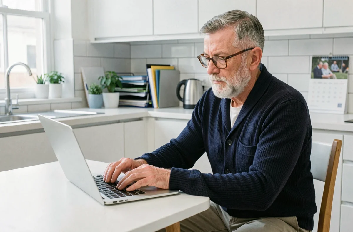 Homme de 60 ans rédigeant une lettre de demande de retraite progressive sur son ordinateur portable dans sa cuisine