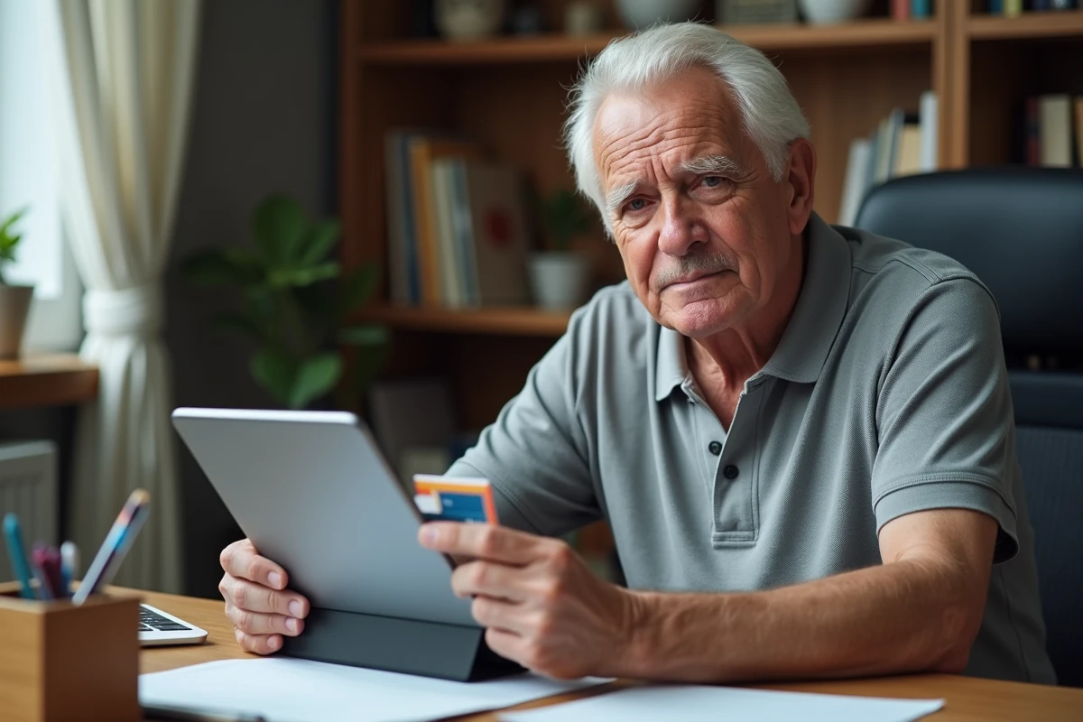 Homme retraité comparant sa carte Senior SNCF physique avec sa version dématérialisée sur tablette dans un bureau à domicile