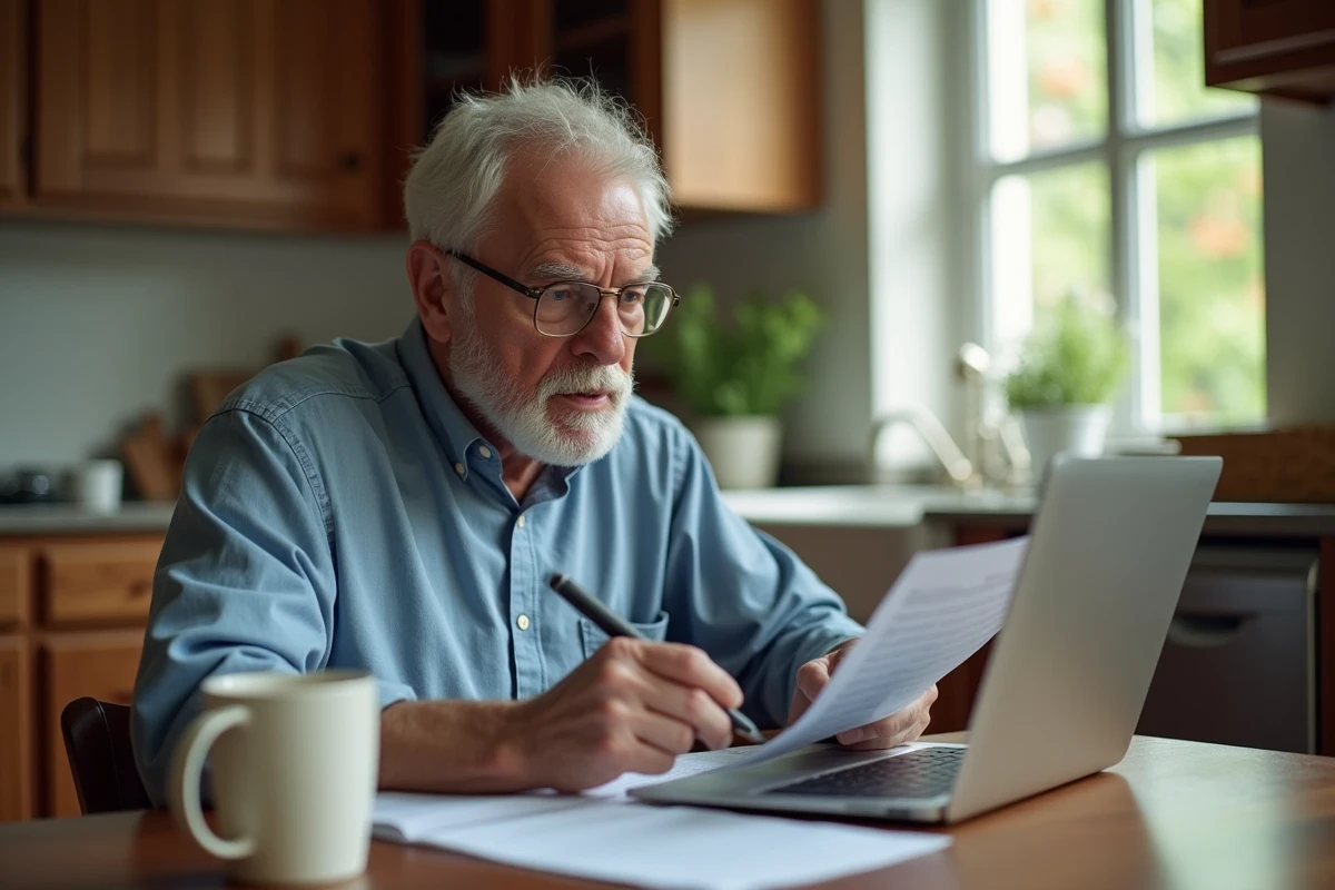 Homme âgé remplissant des formulaires de retraite à la maison