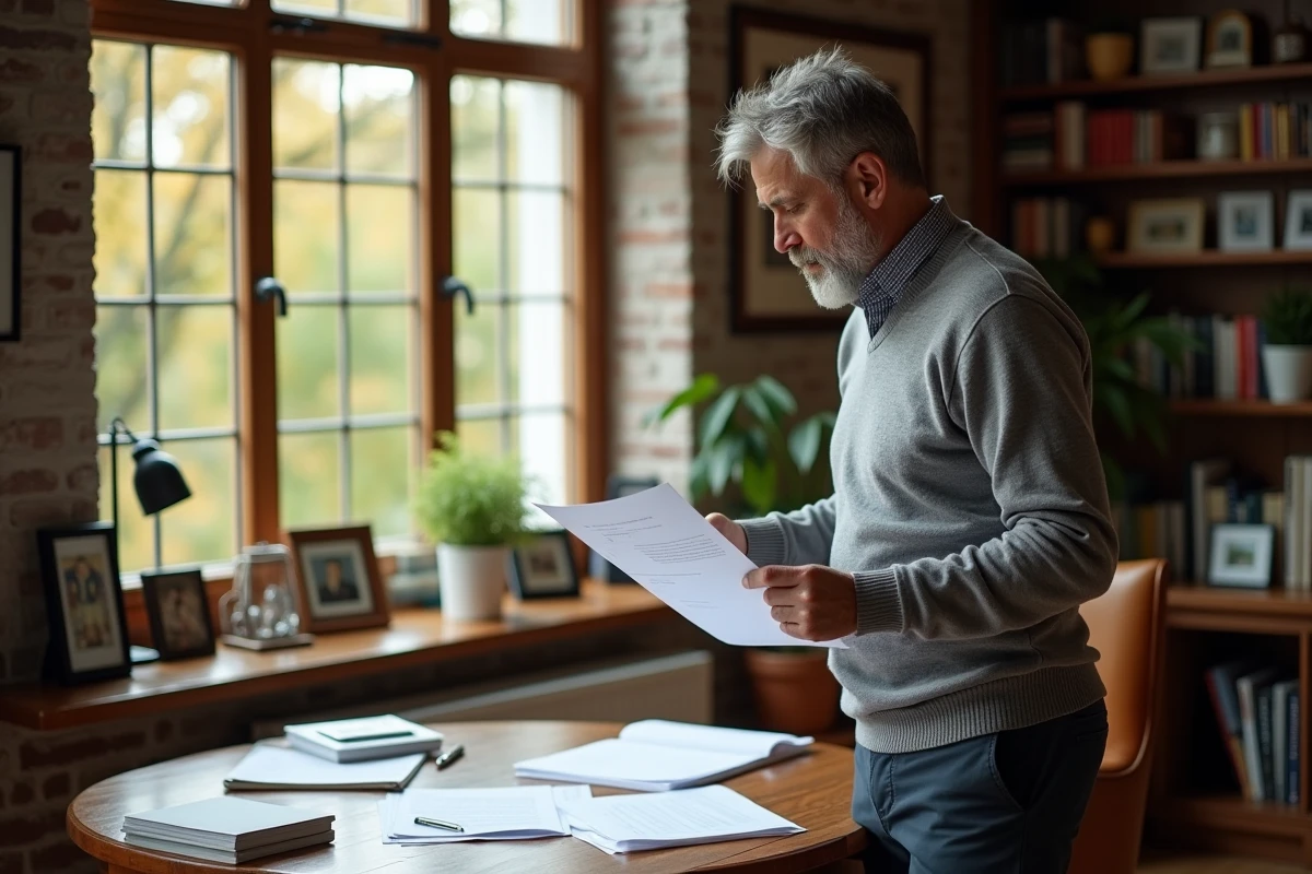 Homme mature relisant une lettre de départ dans son bureau