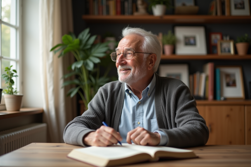 Homme retraité souriant dans un salon chaleureux
