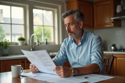 Homme d'âge moyen examine ses documents de retraite dans une cuisine chaleureuse