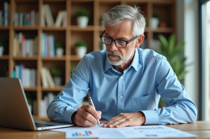 Homme d'âge moyen examine documents de retraite dans un intérieur lumineux