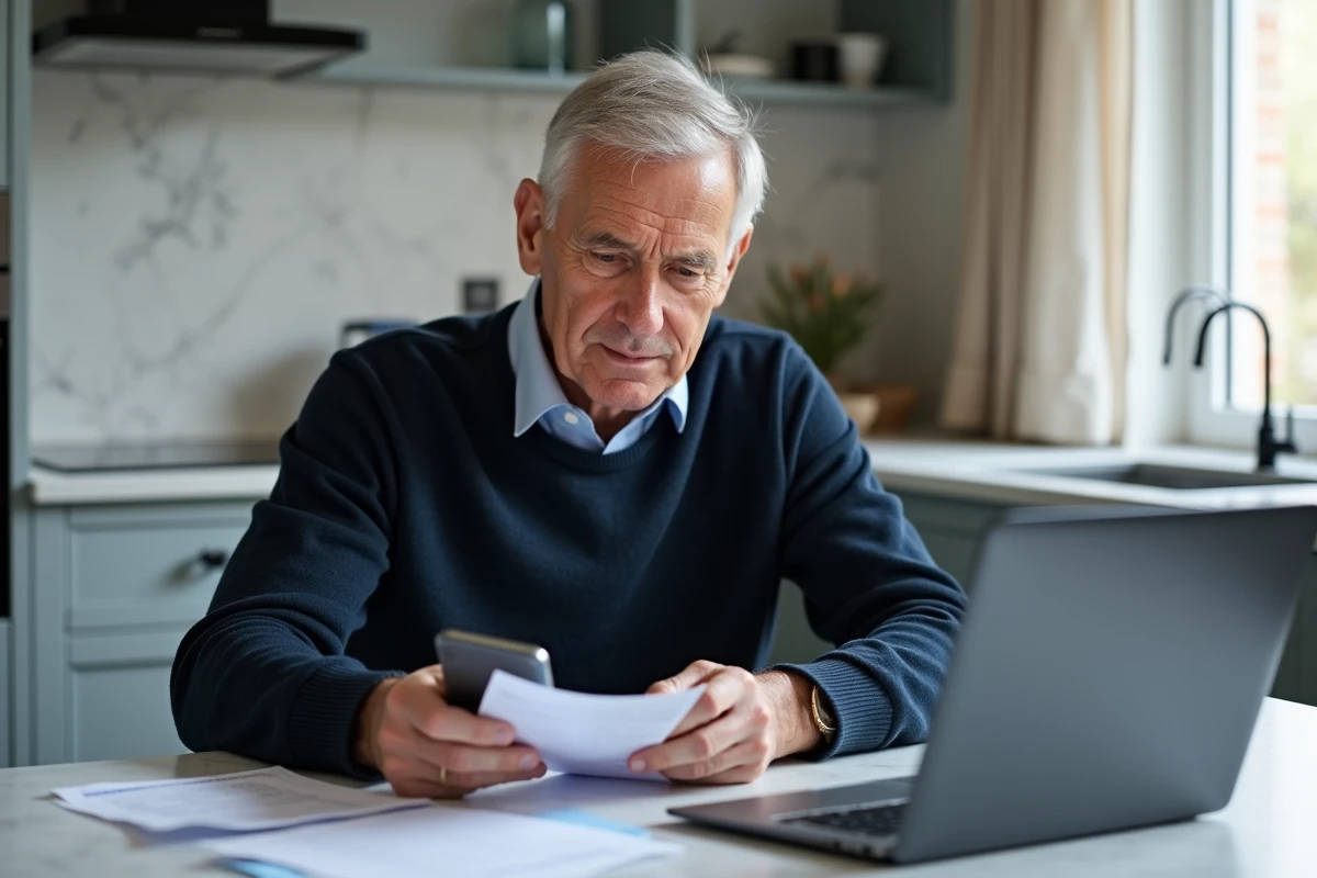 Homme utilisant son smartphone pour scanner et envoyer des documents de retraite complémentaire en ligne