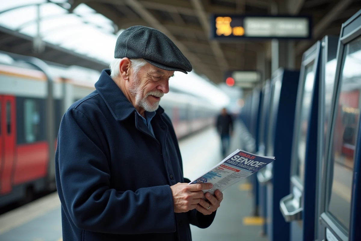 Homme senior regardant une brochure SNCF sur la plateforme