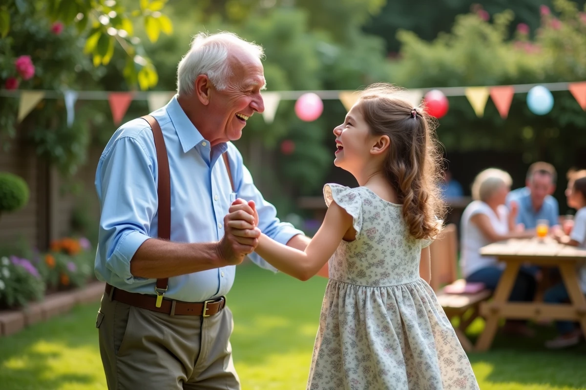 Homme âgé invitant une jeune fille à danser dans un jardin